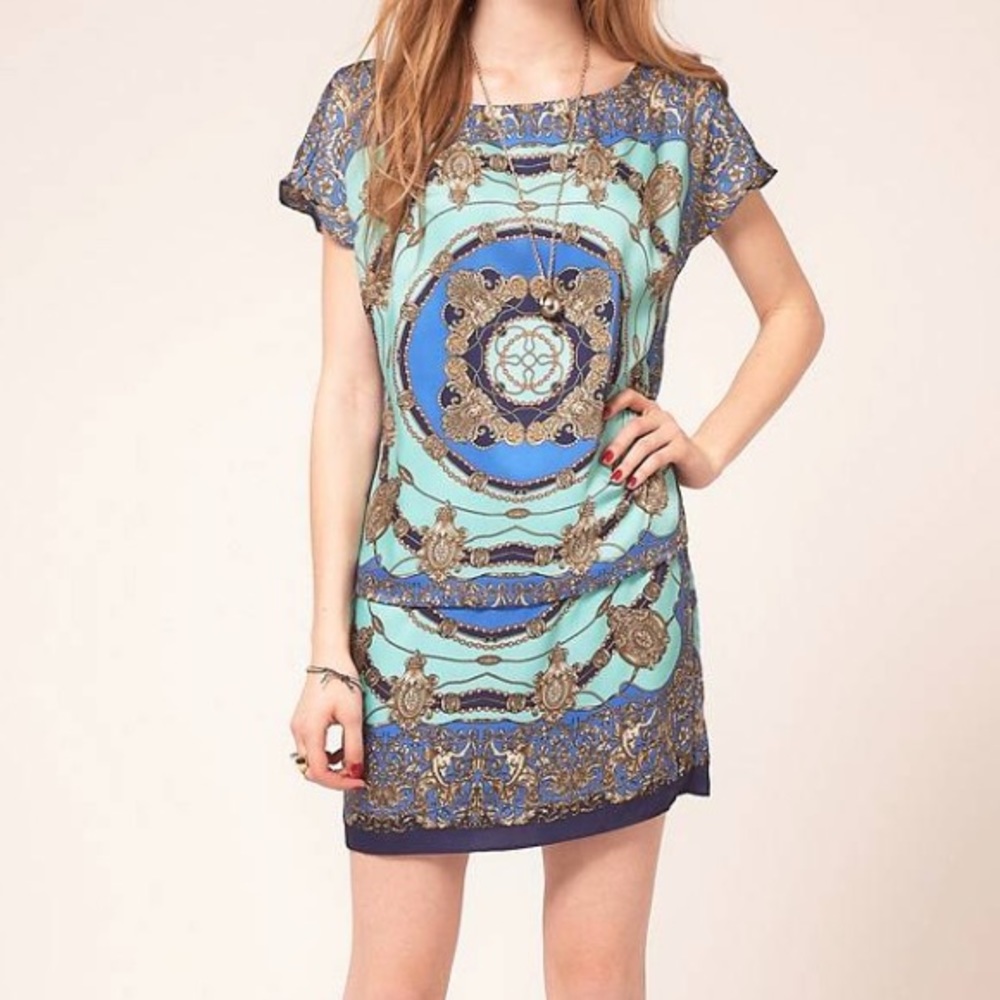 Kookai Chain Scarf Print Mini Dress, Blue, Size 38 / US 6